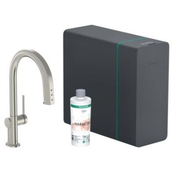 Bateria kuchenna Hansgrohe Aqittura M91 Sodasystem 210 z wyciąganą wylewką, stal szlachetna 76836800